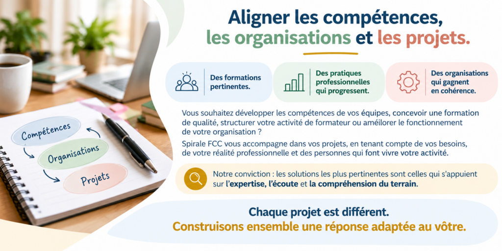 Aligner les compétences, les organisations et les projets.
Des formations pertinentes. Des pratiques professionnelles qui progressent. Des organisations qui gagnent en cohérence.
Vous souhaitez développer les compétences de vos équipes, concevoir une formation de qualité, structurer votre activité de formateur ou améliorer le fonctionnement de votre organisation ?
Spirale FCC vous accompagne dans vos projets, en tenant compte de vos besoins, de votre réalité professionnelle et des personnes qui font vivre votre activité.
Notre conviction : les solutions les plus pertinentes sont celles qui s'appuient sur l'expertise, l'écoute et la compréhension du terrain.
Chaque projet est différent. Construisons ensemble une réponse adaptée au vôtre.