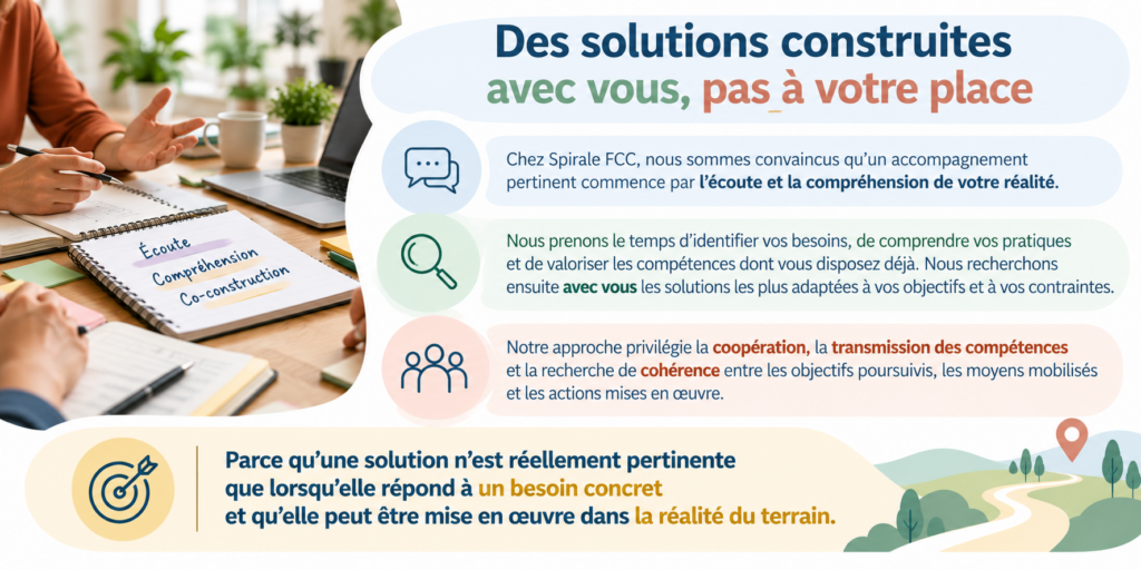 Des solutions construites avec vous, pas à votre place
Chez Spirale FCC, nous sommes convaincus qu'un accompagnement pertinent commence par l'écoute et la compréhension de votre réalité.
Nous prenons le temps d'identifier vos besoins, de comprendre vos pratiques et de valoriser les compétences dont vous disposez déjà. Nous recherchons ensuite avec vous les solutions les plus adaptées à vos objectifs et à vos contraintes.
Notre approche privilégie la coopération, la transmission des compétences et la recherche de cohérence entre les objectifs poursuivis, les moyens mobilisés et les actions mises en œuvre.
Parce qu'une solution n'est réellement pertinente que lorsqu'elle répond à un besoin concret et qu'elle peut être mise en œuvre dans la réalité du terrain.