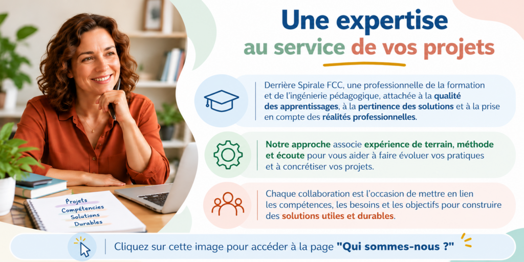 Une expertise au service de vos projets
Derrière Spirale FCC, une professionnelle de la formation et de l'ingénierie pédagogique, attachée à la qualité des apprentissages, à la pertinence des solutions et à la prise en compte des réalités professionnelles.
Mon approche associe expérience de terrain, méthode et écoute pour vous aider à faire évoluer vos pratiques et à concrétiser vos projets.
Chaque collaboration est l'occasion de mettre en lien les compétences, les besoins et les objectifs pour construire des solutions utiles et durables.
