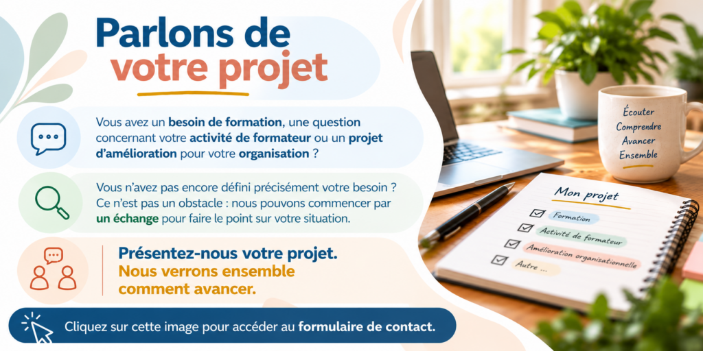 Parlons de votre projet
Vous avez un besoin de formation, une question concernant votre activité de formateur ou un projet d'amélioration pour votre organisation ?
Vous n'avez pas encore défini précisément votre besoin ? Ce n'est pas un obstacle : nous pouvons commencer par un échange pour faire le point sur votre situation.
Présentez-nous votre projet. Nous verrons ensemble comment avancer.