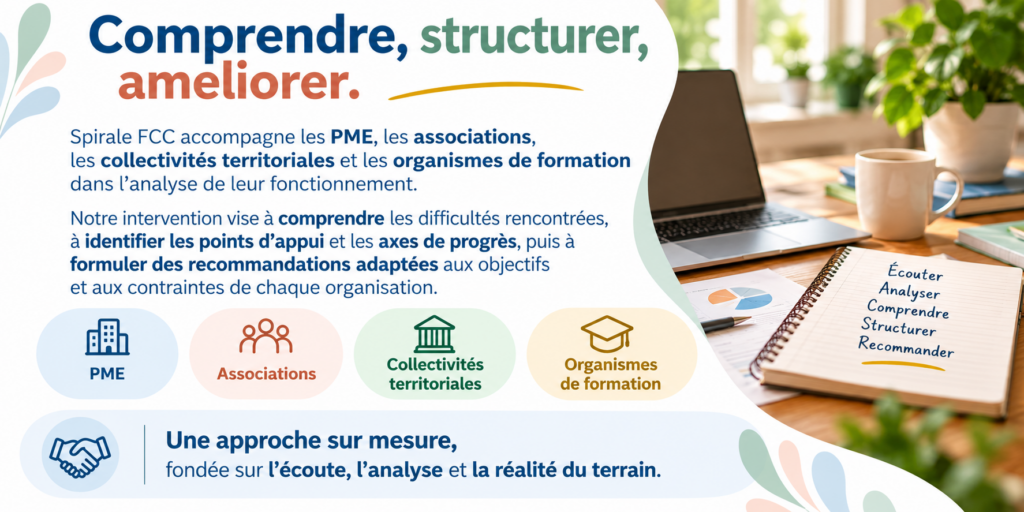 Comprendre, structurer, améliorer.
Spirale FCC accompagne les PME, les associations, les collectivités territoriales et les organismes de formation dans l'analyse de leur fonctionnement.
Notre intervention vise à comprendre les difficultés rencontrées, à identifier les points d'appui et les axes de progrès, puis à formuler des recommandations adaptées aux objectifs et aux contraintes de chaque organisation.
Une approche sur mesure, fondée sur l'écoute, l'analyse et la réalité du terrain